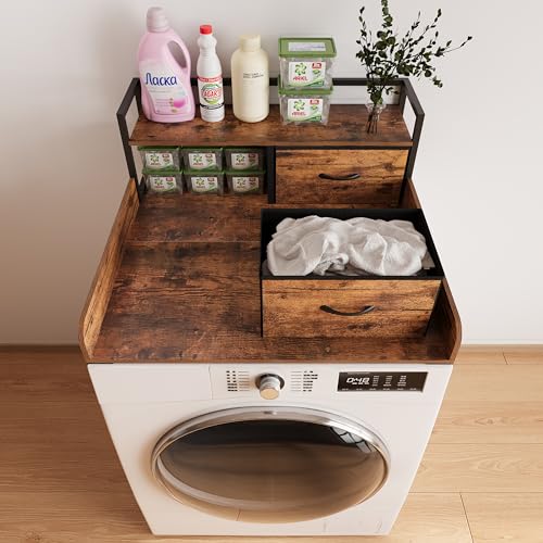 Unionly 2-Tier Washer Dryer Countertop with Shelf & Fabric Drawer - Laundry Topper for Washer Dryer Storage Organization