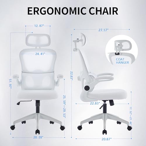 Vigosit Ergonomic Mesh Office Chair: High Back, Lumbar Support, 3D Headrest, PU Wheels - 400 lbs Capacity, White