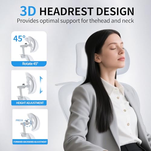 Vigosit Ergonomic Mesh Office Chair: High Back, Lumbar Support, 3D Headrest, PU Wheels - 400 lbs Capacity, White