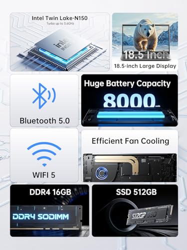 ACEMAGIC 18.5 inch FHD Laptop, N150 Processor, 16GB RAM, 512GB SSD, HD Display, WiFi 5, BT5.0, USB3.2, Dual Speakers