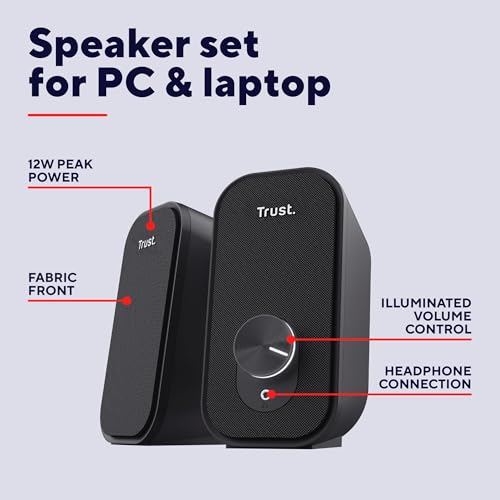 Trust Orada 2.0 PC Speakers: Compact 12W USB Stereo Set, 3.5mm AUX, Headphone Connection, Fabric Front - Black