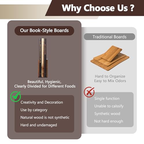 Acacia Book Cutting Board Set with Stand, Decorative Kitchen Boards - Unique Gift