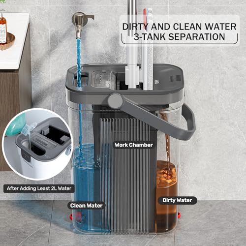 HoMettler Flat Mop and Bucket Set: 3-Compartment Wall Cleaner, 4 Microfiber Pads