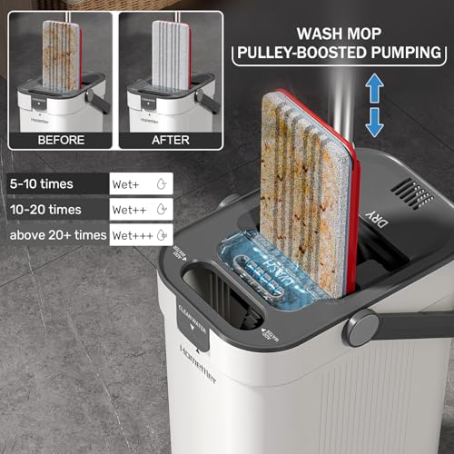 HoMettler Flat Mop and Bucket Set: 3-Compartment Wall Cleaner, 4 Microfiber Pads