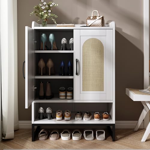dizpusha Wooden Shoe Cabinet: 2 Rattan Doors, Adjustable Shelves