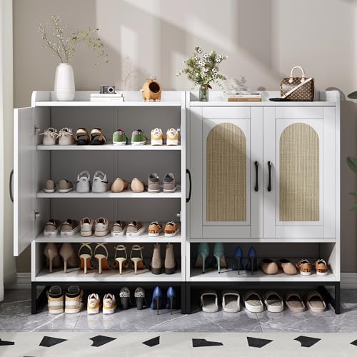 dizpusha Wooden Shoe Cabinet: 2 Rattan Doors, Adjustable Shelves